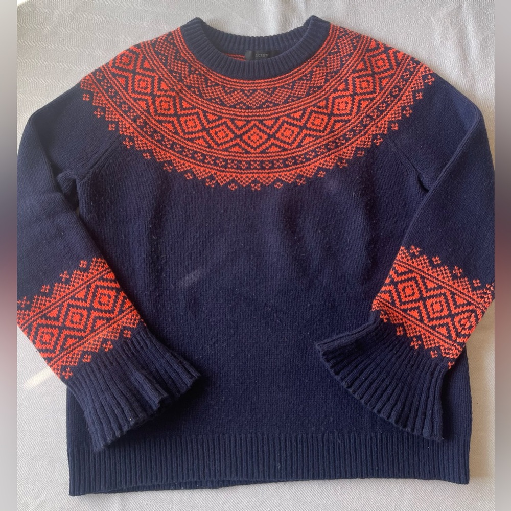 J. Crew Merino Wool Blend Fair Isle Nordic Ruffle sleeve Sweater.